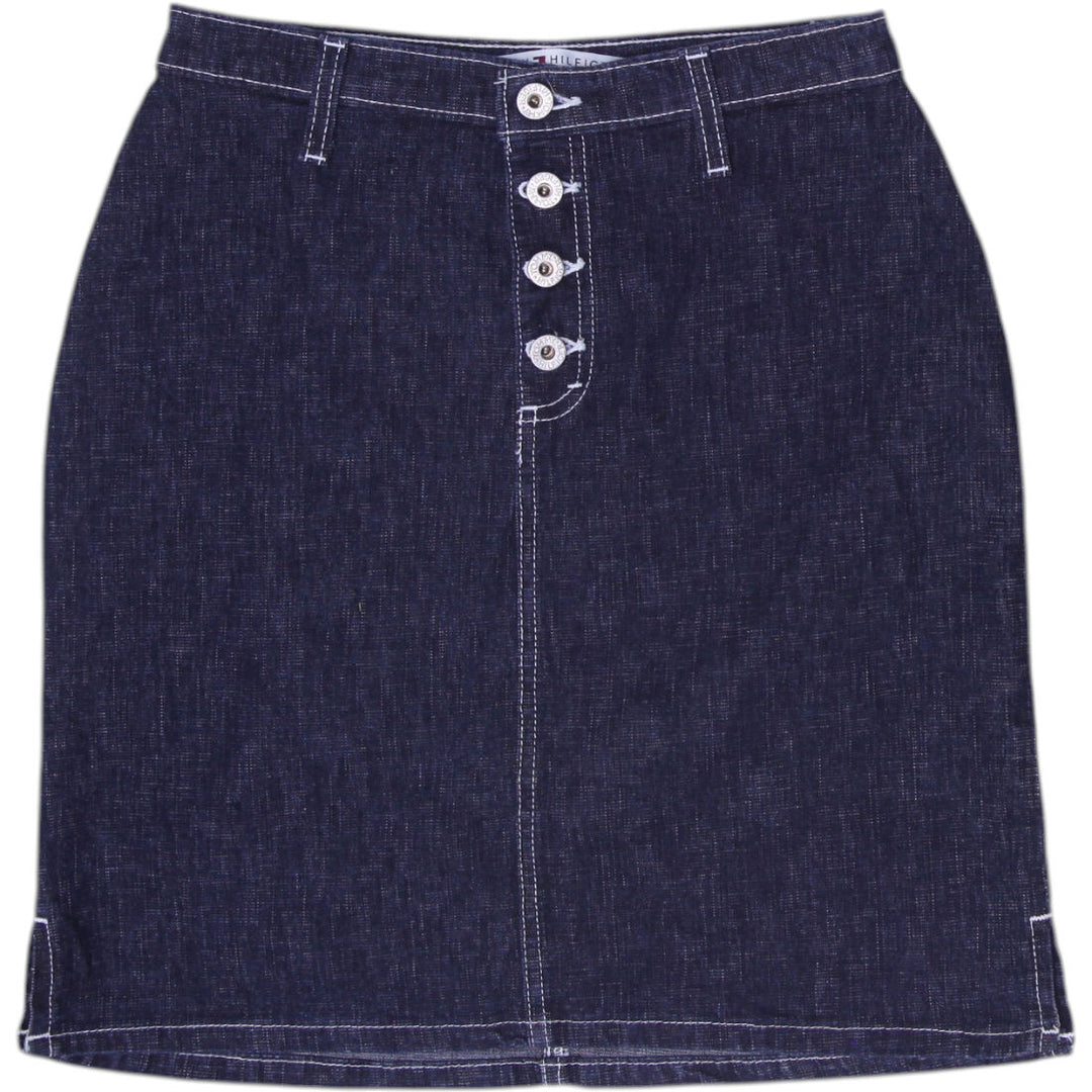 Y2K Ladies Tommy Hilfiger Denim Skirt Button Fly Indigo Contrast Stitch