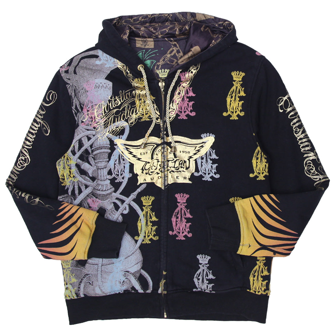 Shop Y2K Christian Audigier Full Zip AOP Reversible Hoodie Size L