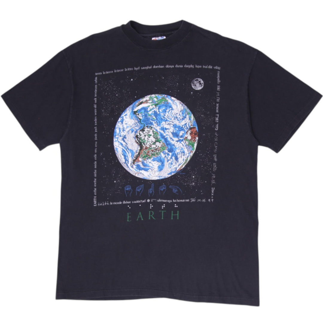Vintage 1992 Hanes Earth All Languages Graphic T-Shirt Made in USA Size L