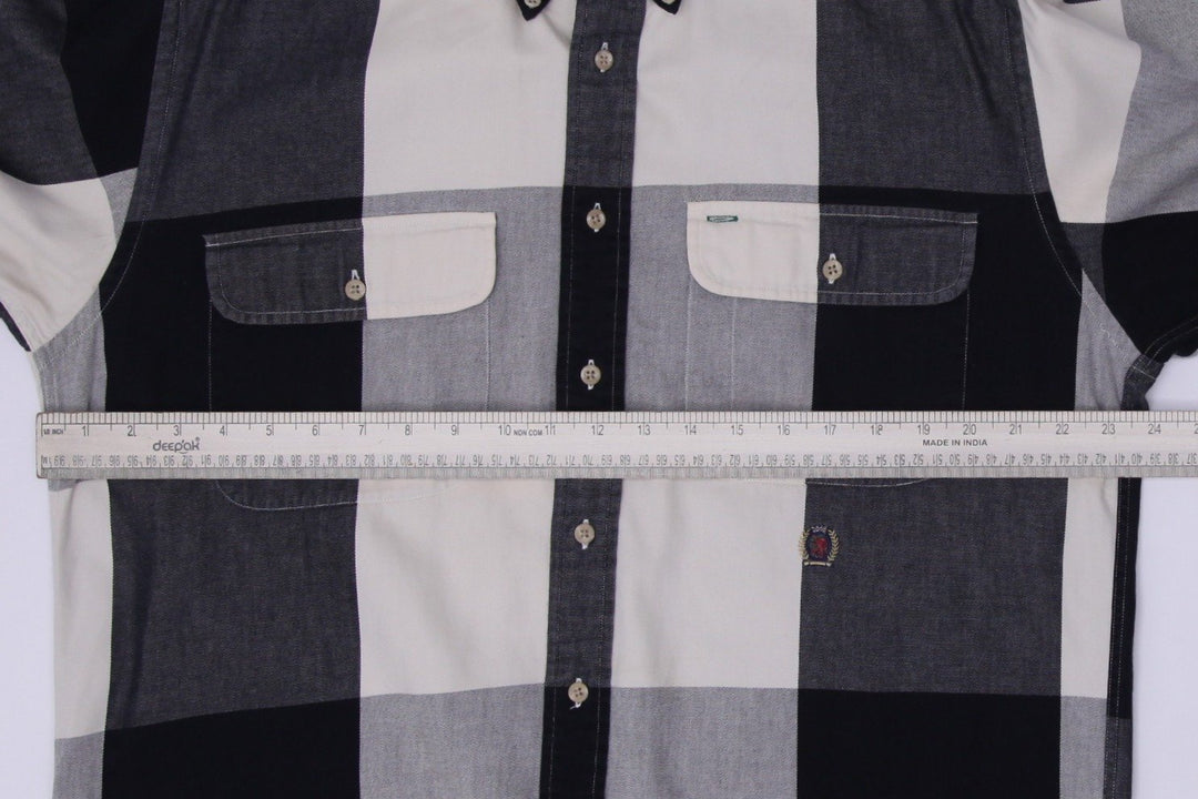 Vintage Mens Tommy Hilfiger Shirt Black Gray Check Long Sleeve Cotton Size M