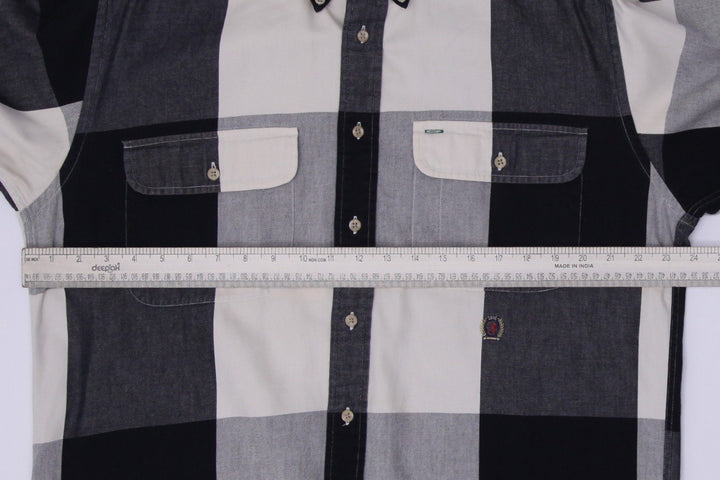 Vintage Mens Tommy Hilfiger Shirt Black Gray Check Long Sleeve Cotton Size M