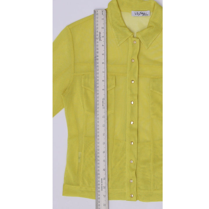 Y2K Ladies Vassalli Made in Italy Yellow Mesh Sheer Button Up Top Size 42
