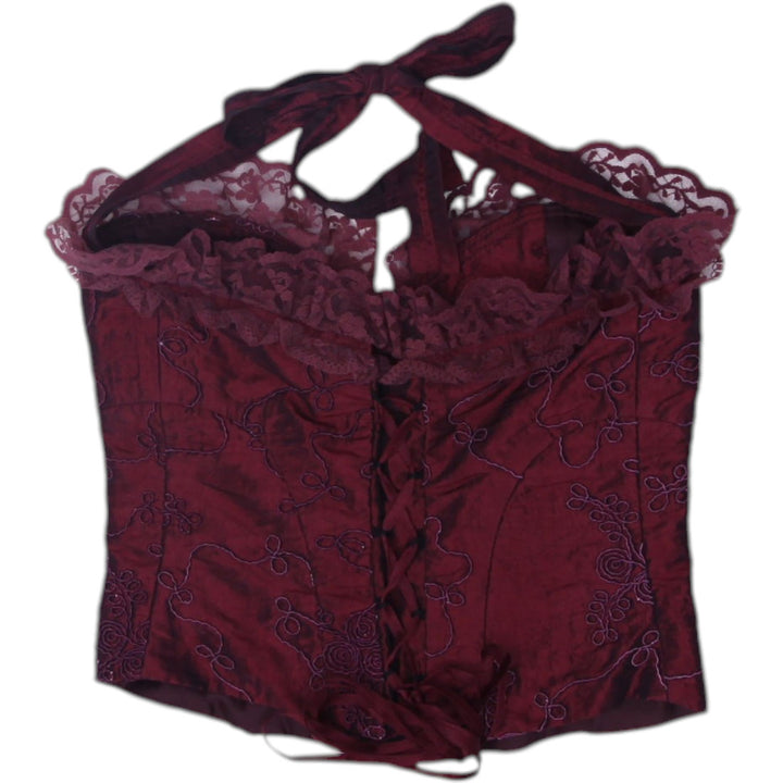 Y2K Ladies Maroon Lace Embroidered Corset Halter Top Size XS | Migration_Y2K Tops - Side View | Fashion Rerun
