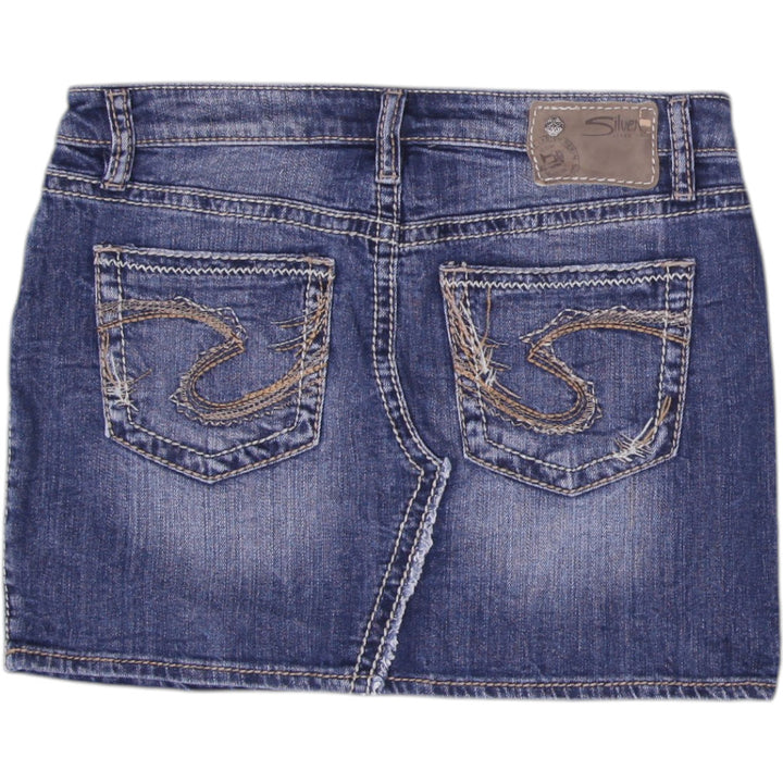 Y2K Ladies Silver Mini Skirt Blue Distressed Denim
