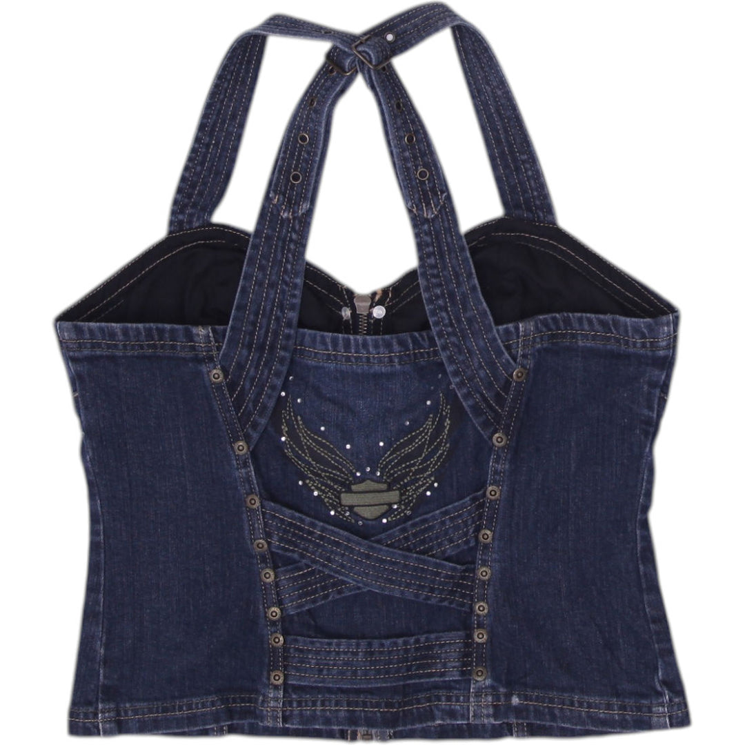 Ladies Harley Davidson Adjustable Straps Denim Corset Top Size M