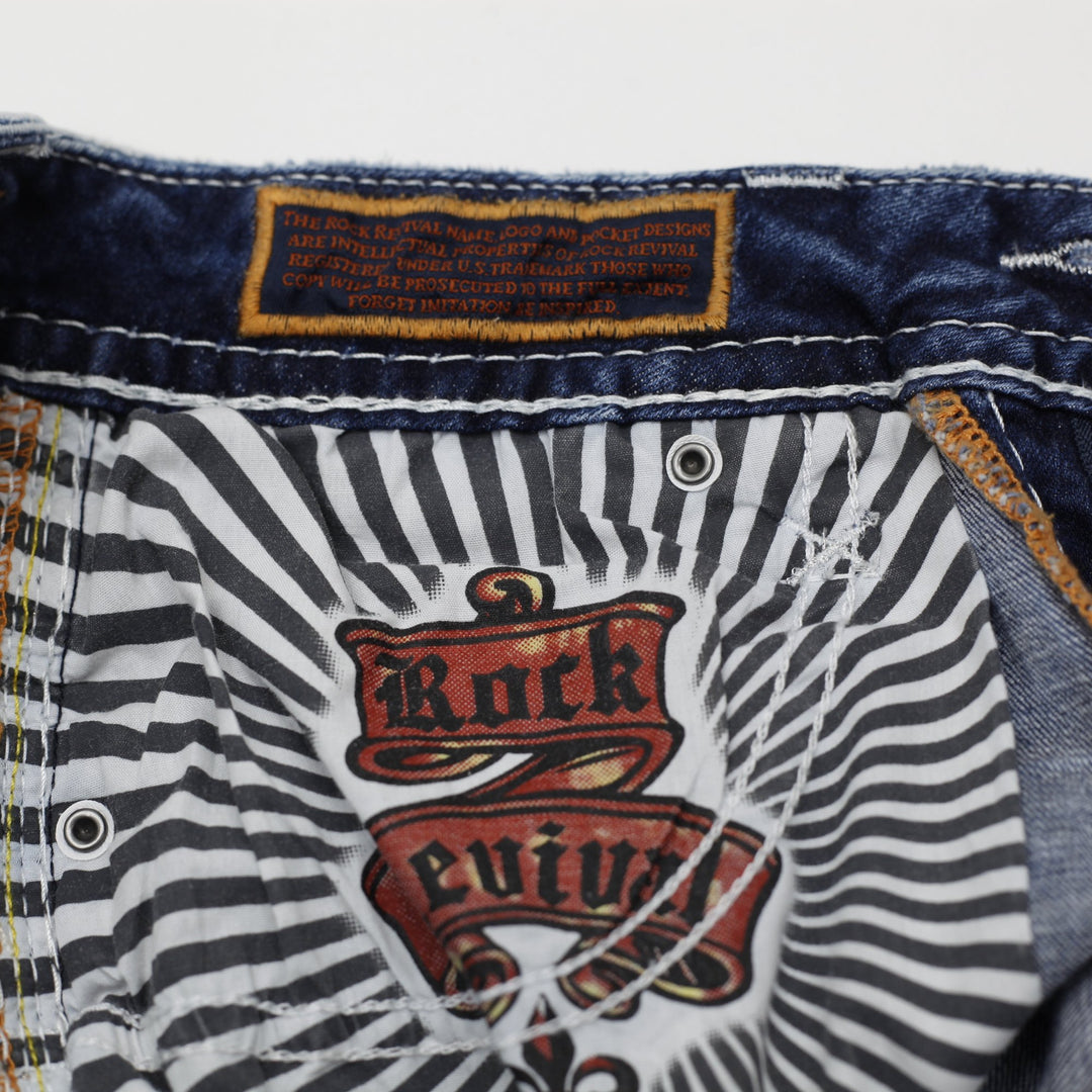 Y2K Ladies Rock Revival Nadine Denim Shorts Blue Distressed Mid Rise