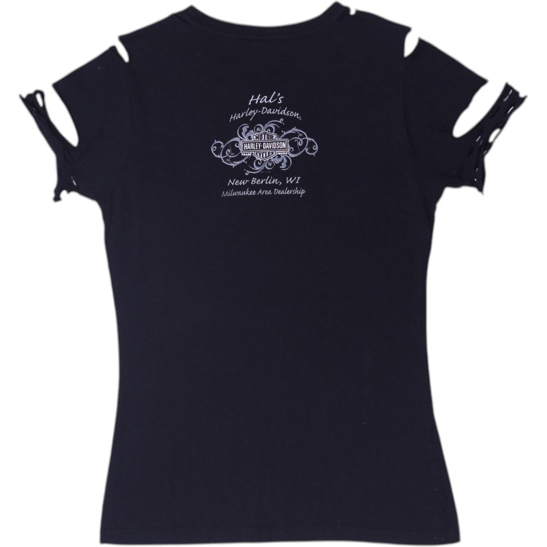 Ladies Harley Davidson T-Shirt Black Rhinestone Graphic Logo