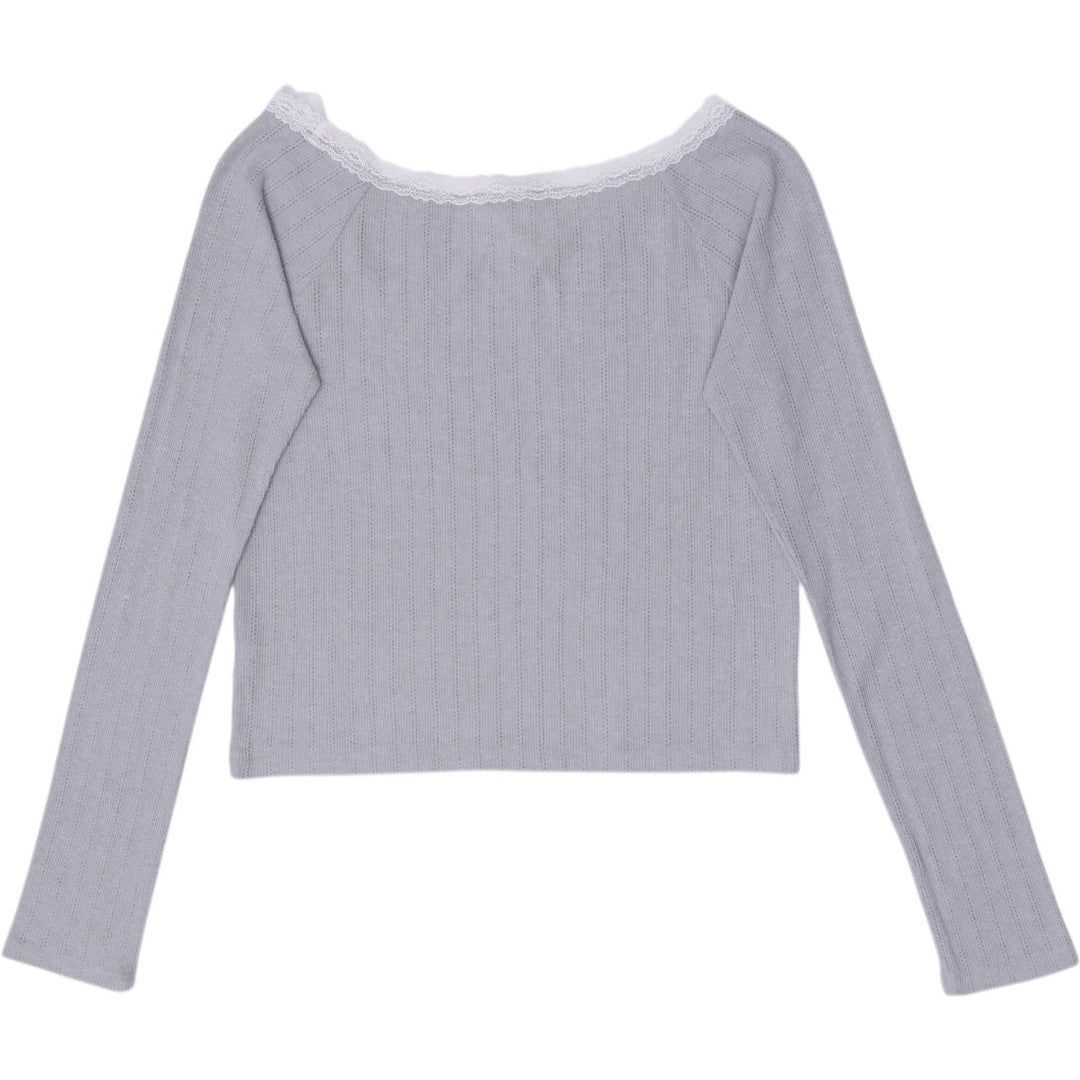 Y2K Ladies Aéropostale Grey Pointelle Ribbed Lace Trim Long-Sleeve Top Size M