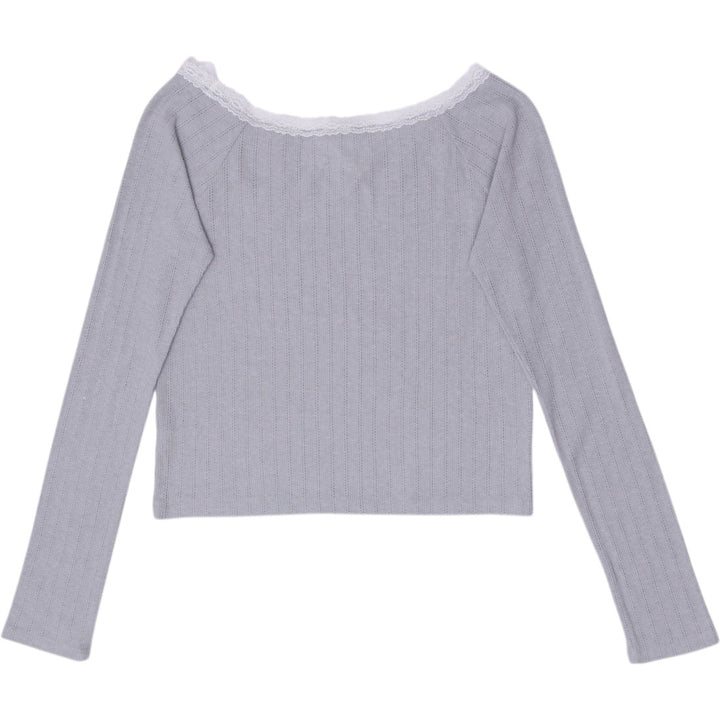 Y2K Ladies Aéropostale Grey Pointelle Ribbed Lace Trim Long-Sleeve Top Size M