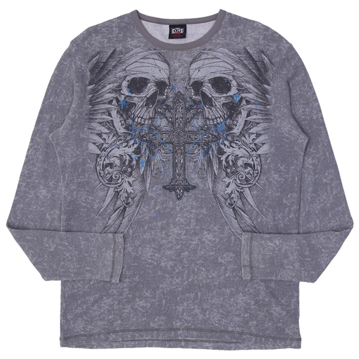 Y2K Mens MMA Elite Long Sleeve Shirt Grey Waffle Thermal Cross Skulls