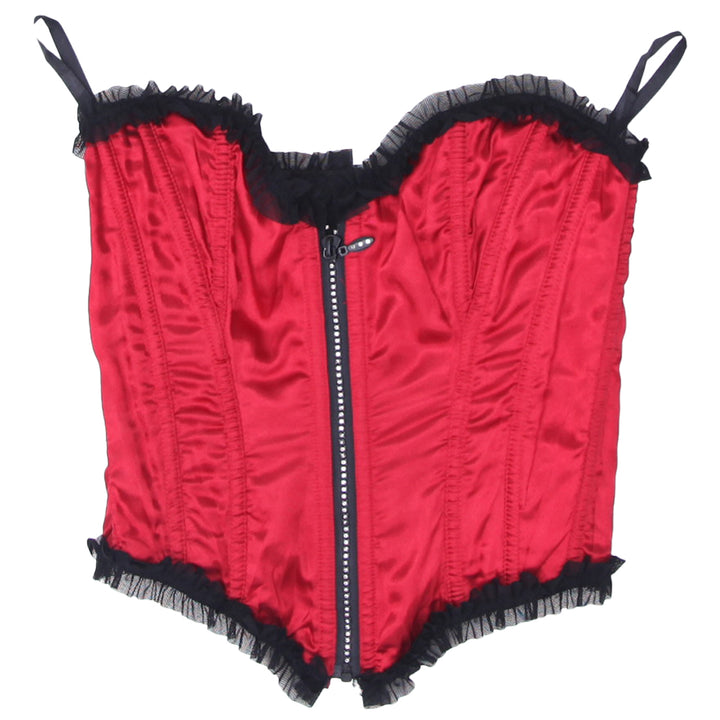 Y2K Strapless Lace Detailed Full Zip Satin Corset Red - Fashion Rerun Vintage Migration_Tops