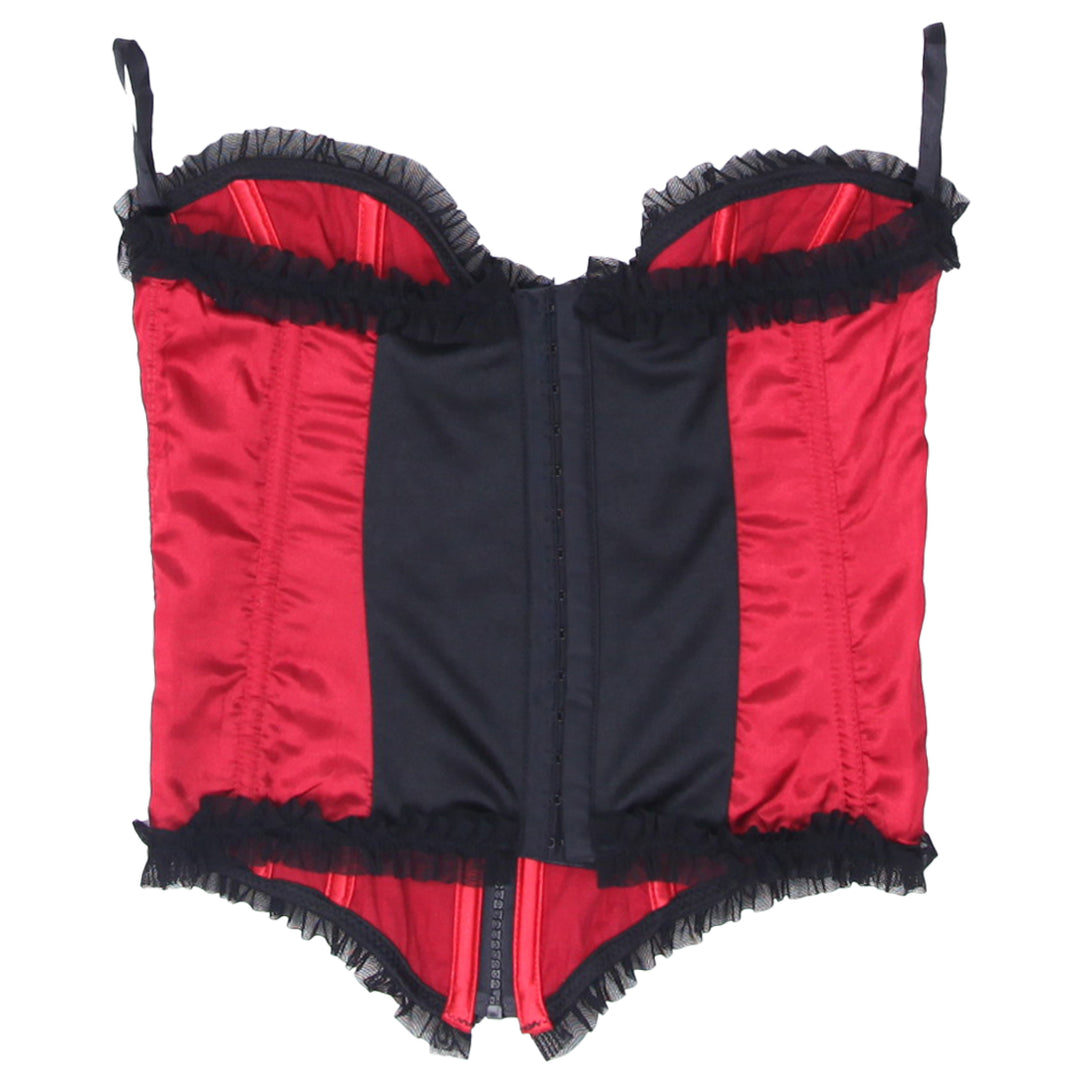 Y2K Strapless Lace Detailed Full Zip Satin Corset Red - Fashion Rerun Vintage Migration_Tops