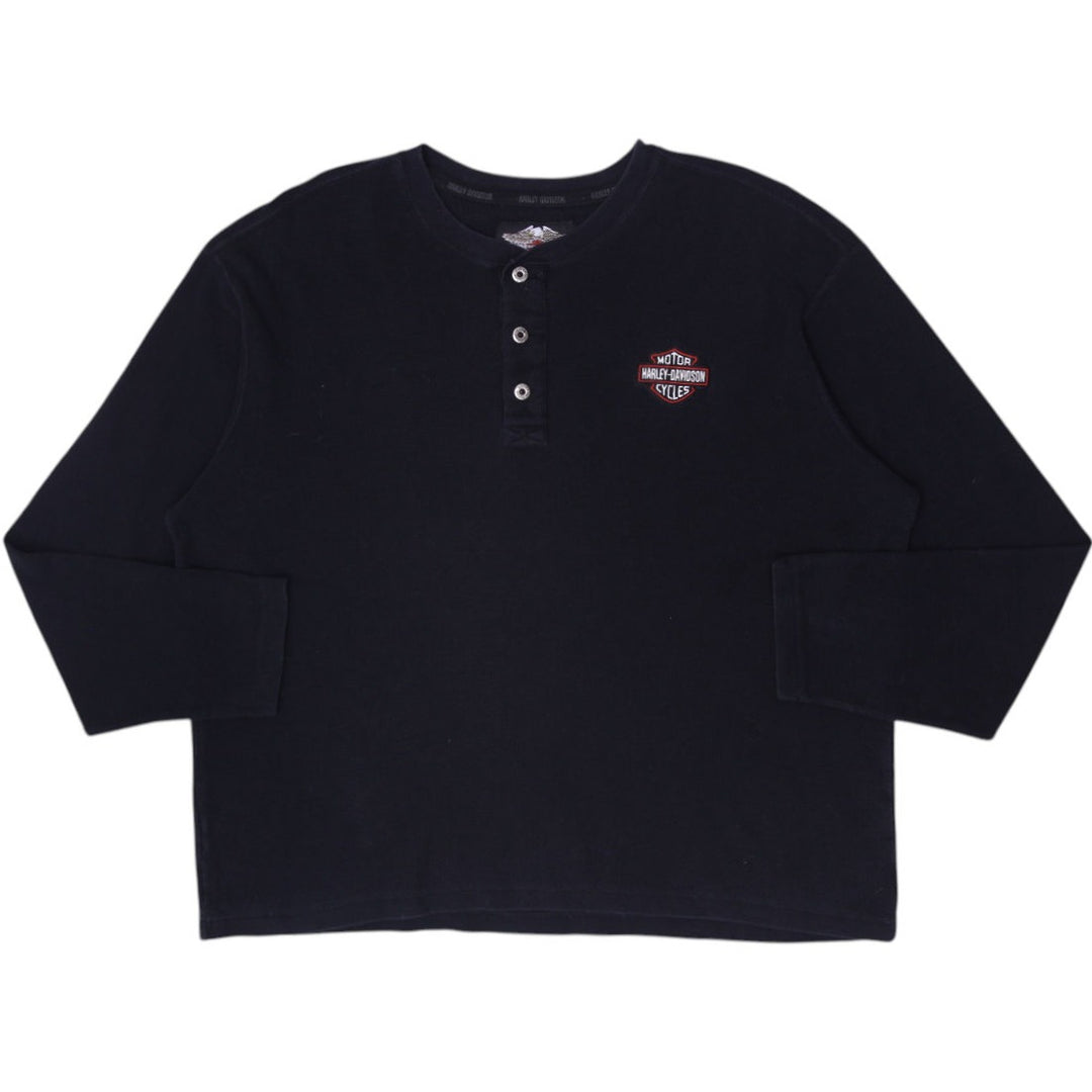 Mens Harley Davidson Black Waffle Knit Henley Long Sleeve T-Shirt Size XL