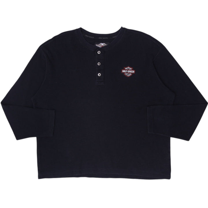Mens Harley Davidson Black Waffle Knit Henley Long Sleeve T-Shirt Size XL