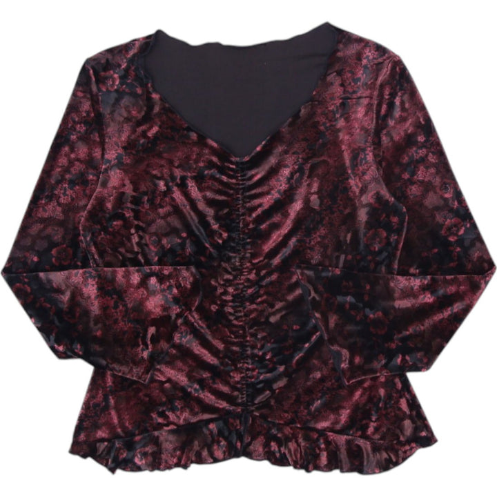Y2K Ladies Top Maroon Ruched V-Neck Long Sleeve Velvet | Migration_Y2K Tops | Fashion Rerun