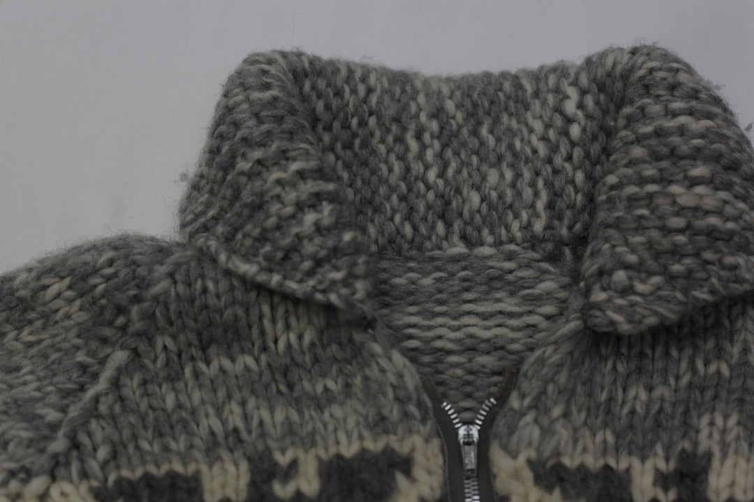 Vintage Knit Sweater 1970s Wool Thick Cowichan Knit Zip Sweater