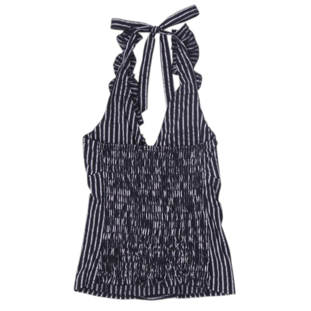Y2K Ladies Swimwear Top Black White Striped Halter Ruffled Size XL