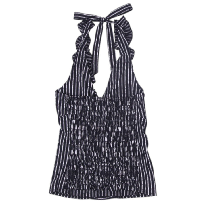 Y2K Ladies Swimwear Top Black White Striped Halter Ruffled Size XL