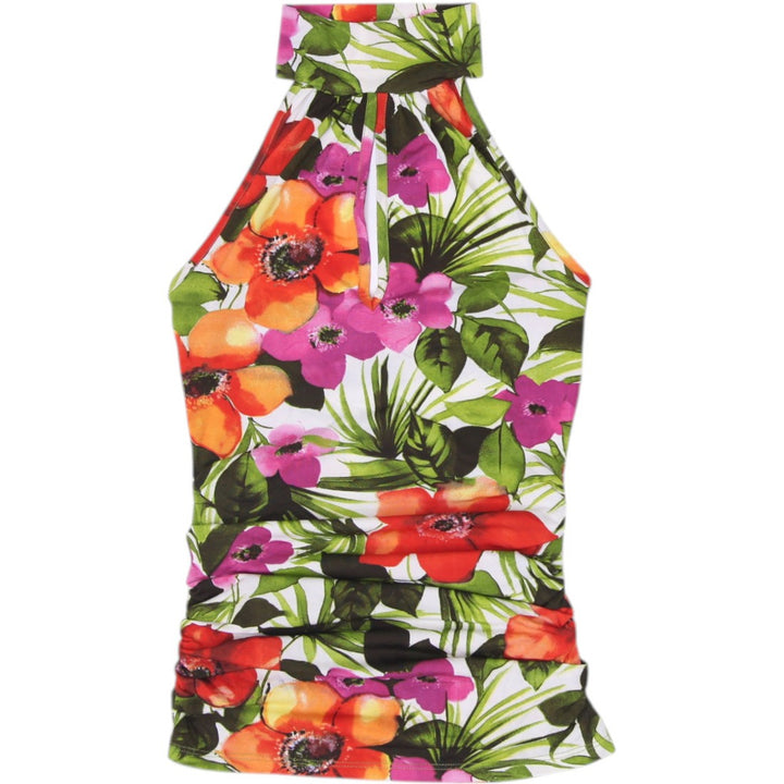 Y2K Ladies Tropical Hibiscus Floral Mock Neck Keyhole Halter Top
