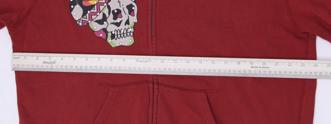Y2K Ladies Ed Hardy Rhinestone Skull Zip Up Burgundy Hoodie Large