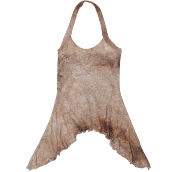 Y2K Ladies Tank Top Brown Tie Dye Asymmetric Hem Size XS