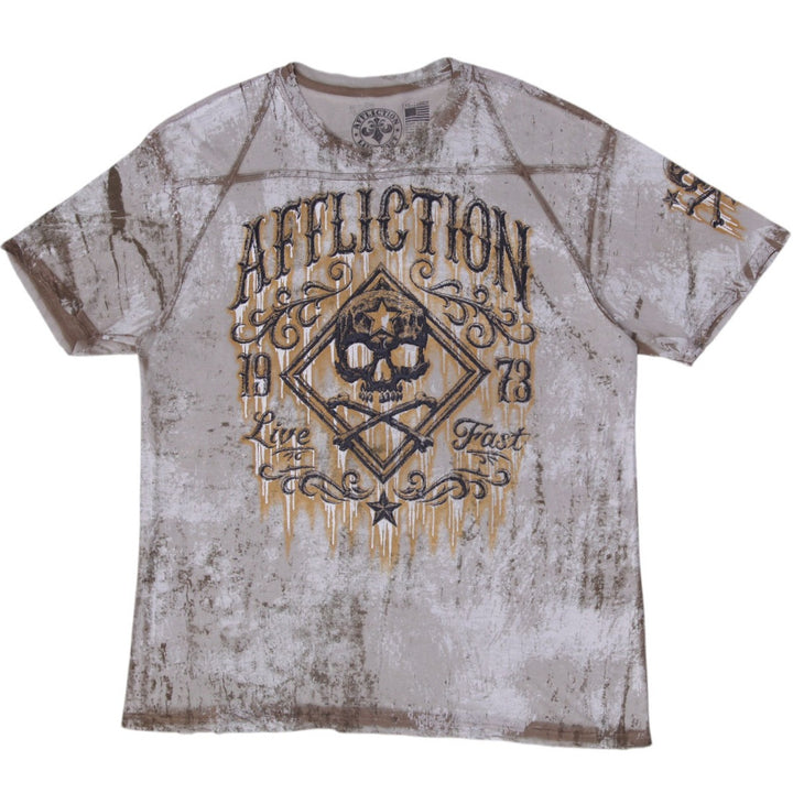Y2K Mens Affliction Skull Diamond Gold Foil Bleach Wash Shirt Made in USA 3XL