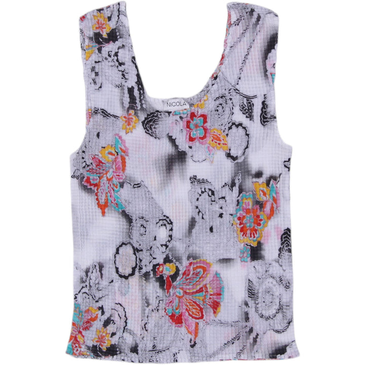 Y2K Ladies Popcorn Knit Tank Top Floral Paisley Crinkle Top Size L