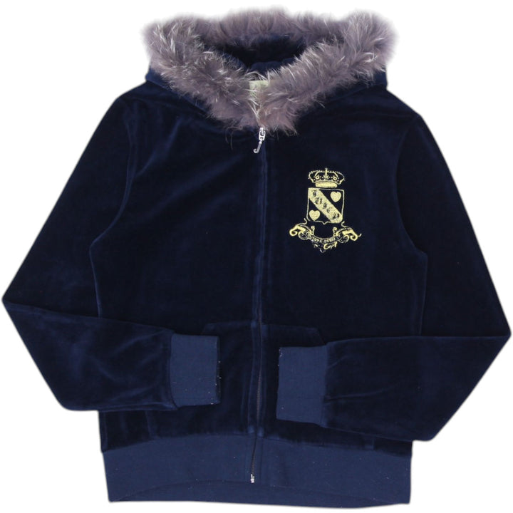 Y2K Ladies Juicy Couture Velour Hoodie Navy Blue Faux Fur Embroidered XL