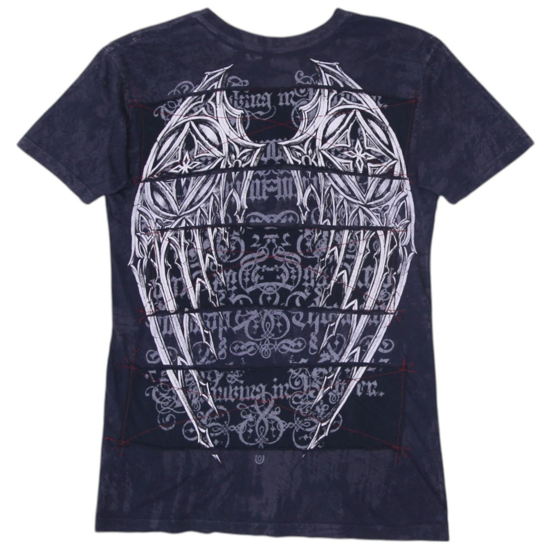 Y2K Mens Affliction V-Neck T-Shirt Black Graphic Text Logo L