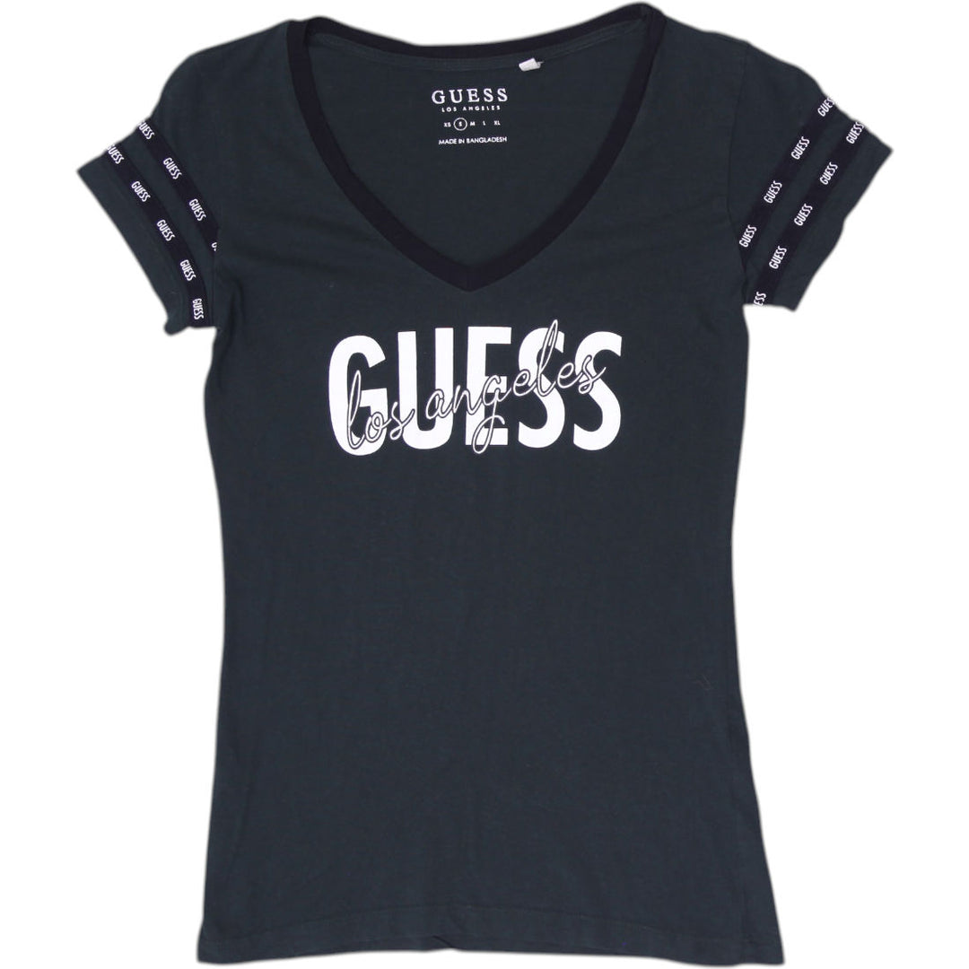 Y2K Ladies GUESS Los Angeles Dark Green Logo Front V-Neck Top Size S