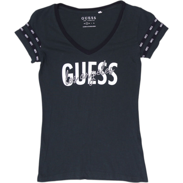 Y2K Ladies GUESS Los Angeles Dark Green Logo Front V-Neck Top Size S