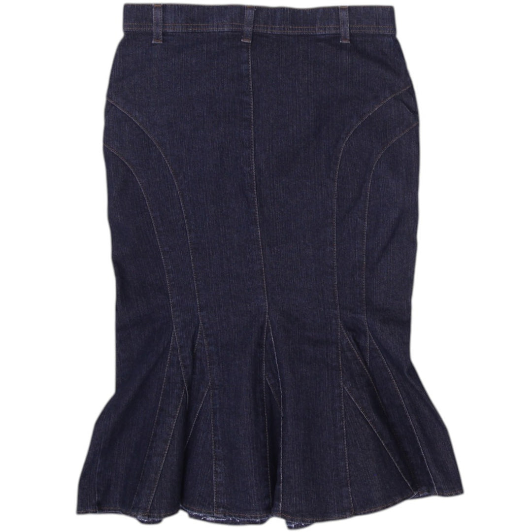 Y2K Ladies Navy Blue Flared Midi Classic Denim Skirt Size 8 | Migration_Skirts - Side View | Fashion Rerun