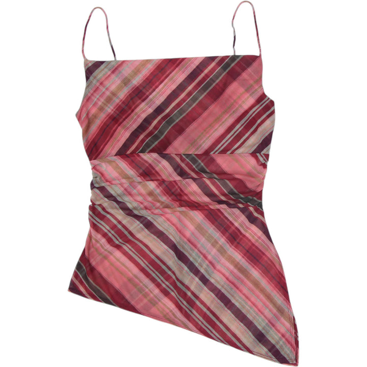 Y2K Ladies XOXO Cami Top Mesh Asymmetrical Hem Cami Striped Pink Burgundy Size M