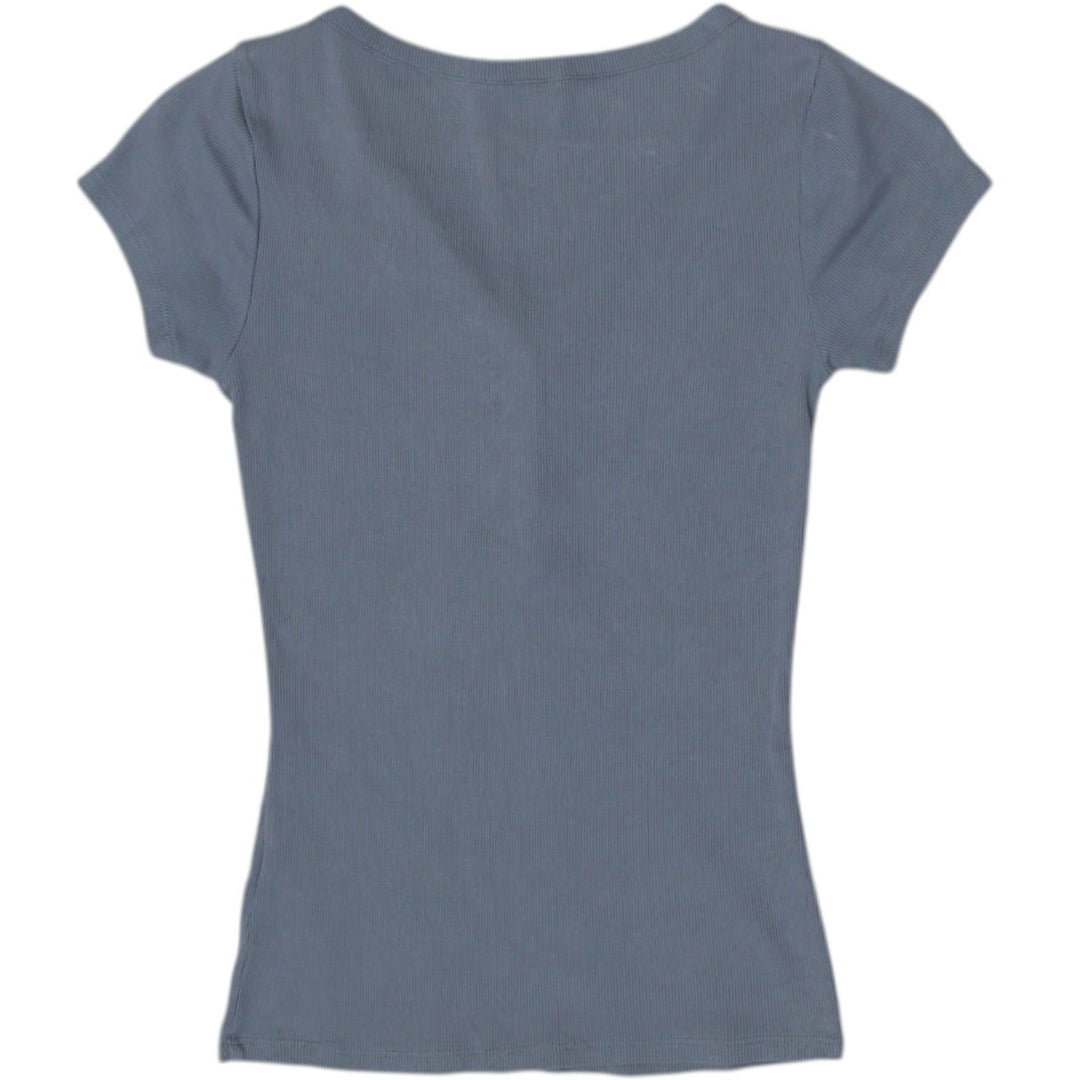 Y2K Ladies Guess V-Neck Button Detail Blue T-Shirt Size S | Migration_Tops - Side View | Fashion Rerun