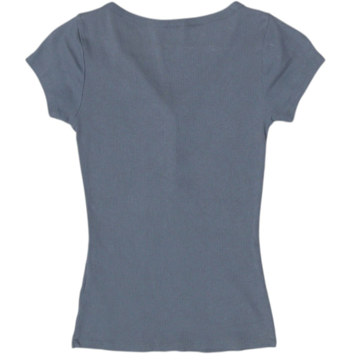 Y2K Ladies Guess V-Neck Button Detail Blue T-Shirt Size S | Migration_Tops - Side View | Fashion Rerun