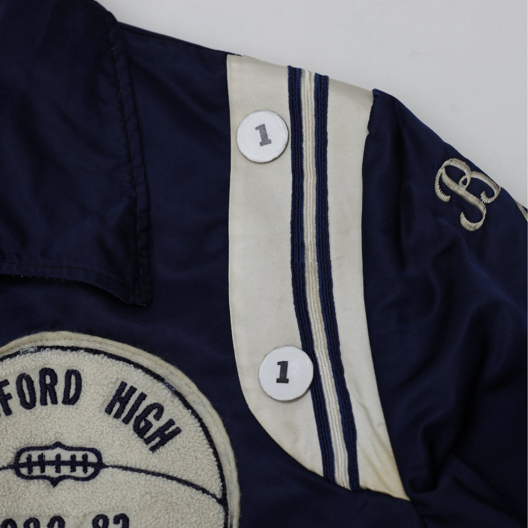 Vintage Medford High Mustangs Varsity Jacket Navy Embroidered Striped 1982-83 Size 42 | Migration_Jackets - V | Fashion Rerun