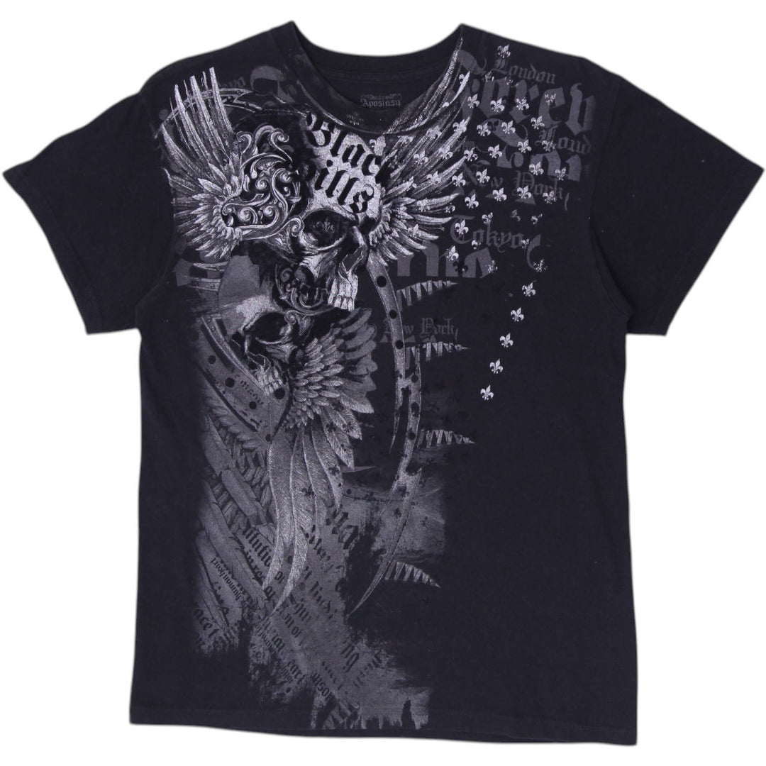 Y2K Mens Archaic "Black Kills" Winged Skull Graphic T-Shirt Size L