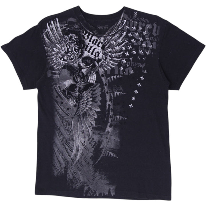 Y2K Mens Archaic "Black Kills" Winged Skull Graphic T-Shirt Size L