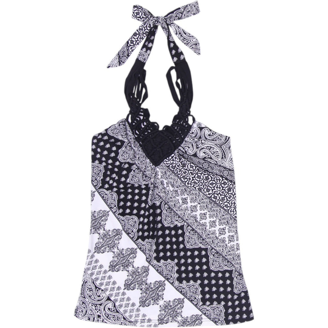Y2K Ladies Le Chateau Halter Top Black White Paisley Pattern Size XXS