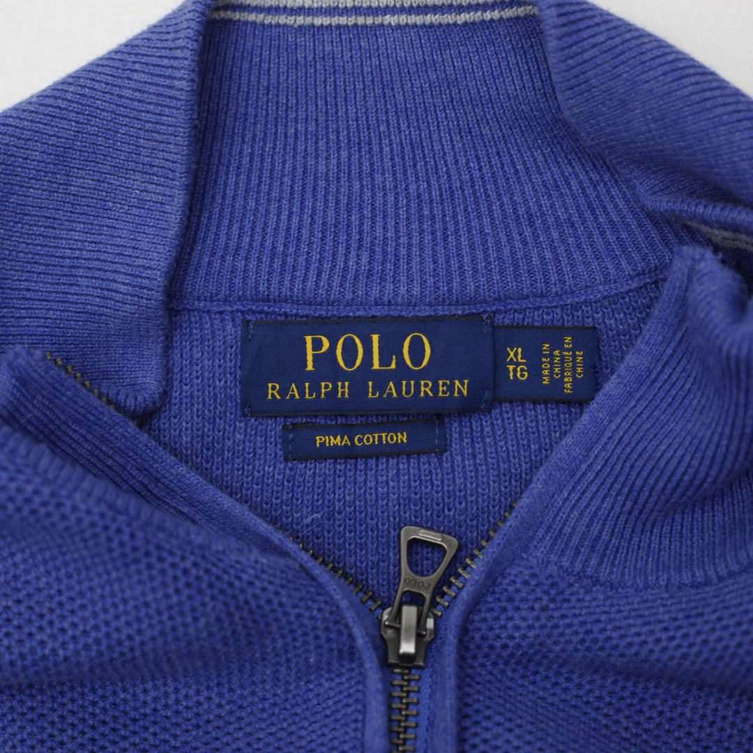 Retro Mens Polo Ralph Lauren Sweater Blue Quarter Zip Cotton Size XL
