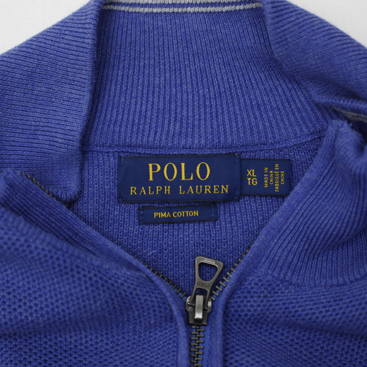Retro Mens Polo Ralph Lauren Sweater Blue Quarter Zip Cotton Size XL