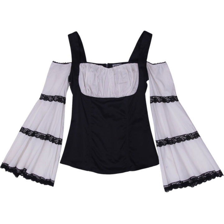 Y2K Ladies Black White Lace Flared Sleeve Cold Shoulder Top | Migration_Y2K Tops | Fashion Rerun