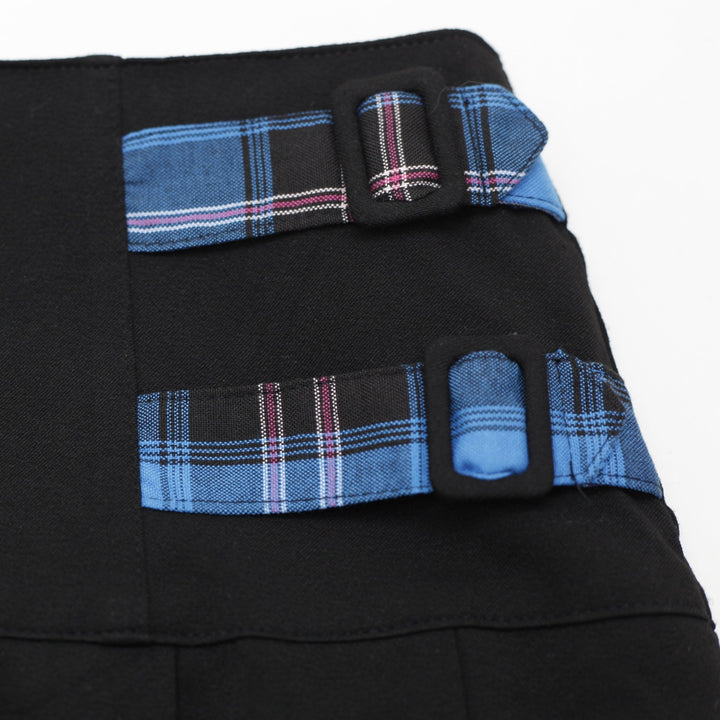 Y2K Ladies Olive Oyl Pleated Kilt Blue Plaid Accents Mini Skirt Size L