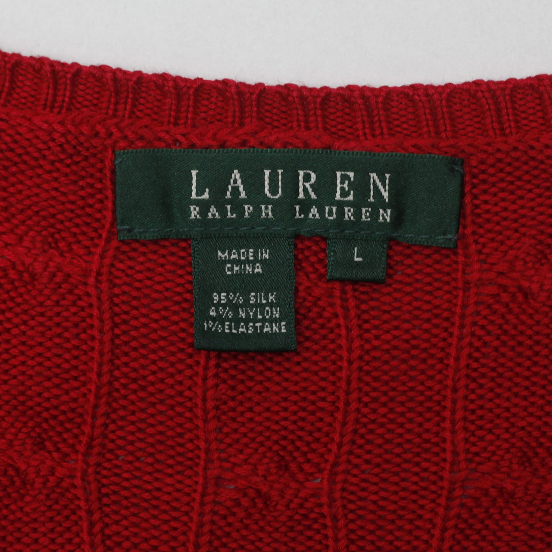 Vintage Ladies Ralph Lauren Sweater Red V-Neck Cable Knit L