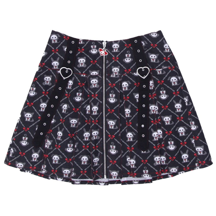Y2K Womens Skelanimals Pleated Skirt Black Skull Pattern Gothic