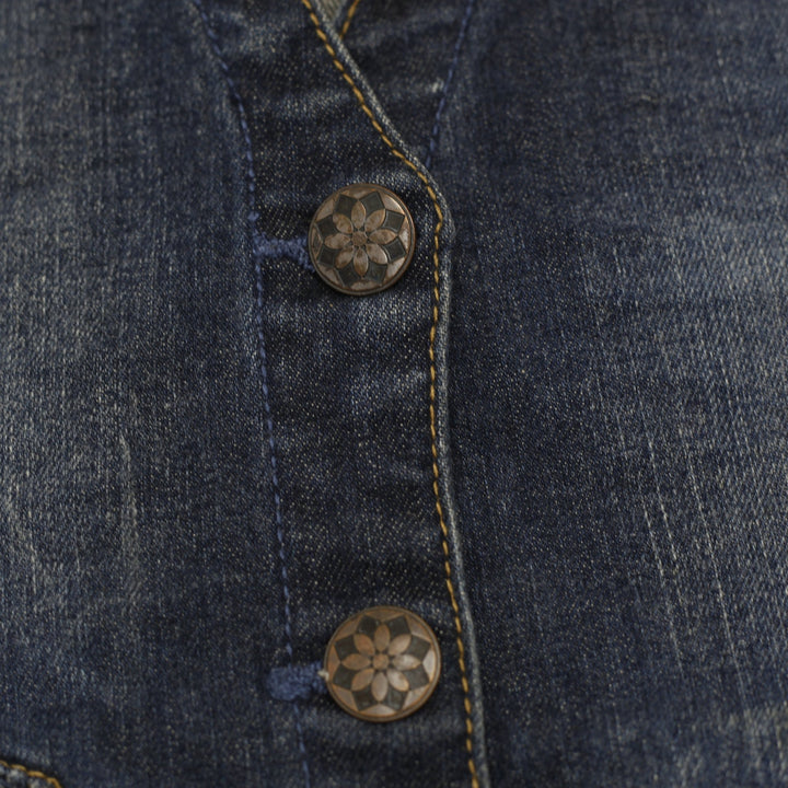 Y2K Ladies Blue Motion Denim Vest Waistcoat Medium Dark Wash Floral Inner Trim
