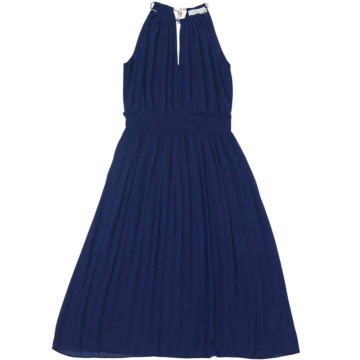 Y2K Ladies Michael Kors Gold Chain Neck Pleated Halter Dress Navy Blue Size XS