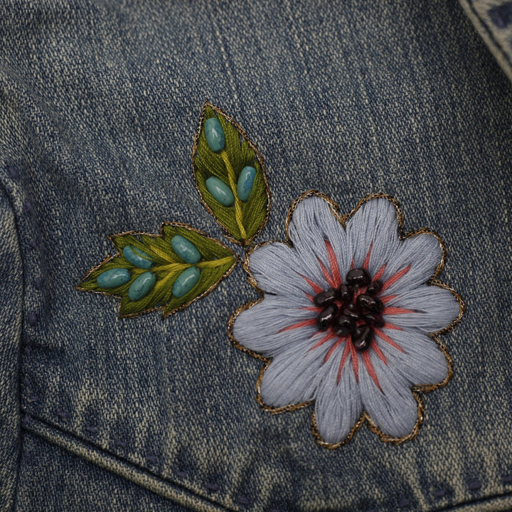 Ladies Dana Buchman Beaded Embroidered Floral Denim Jacket Light Blue Size 14