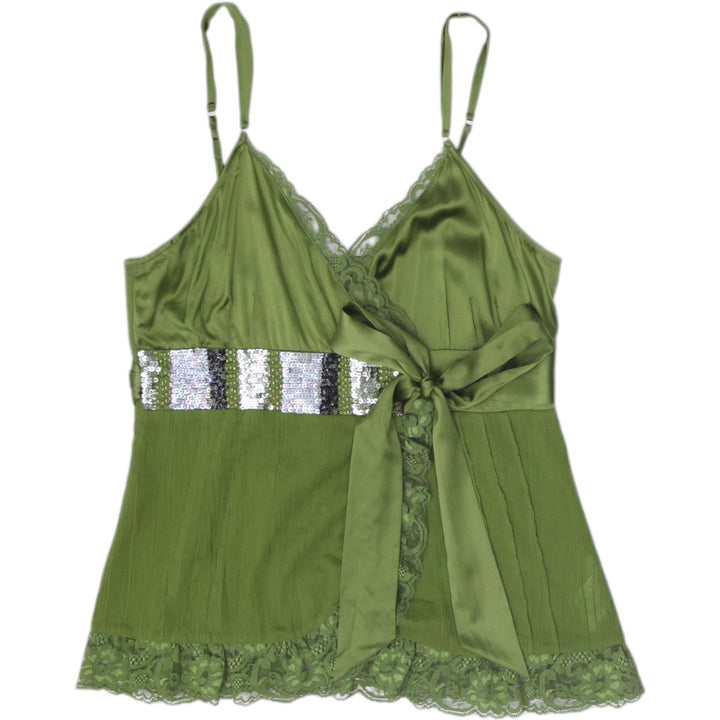 Y2K Ladies Bebe Camisole Green Lace Accent Satin