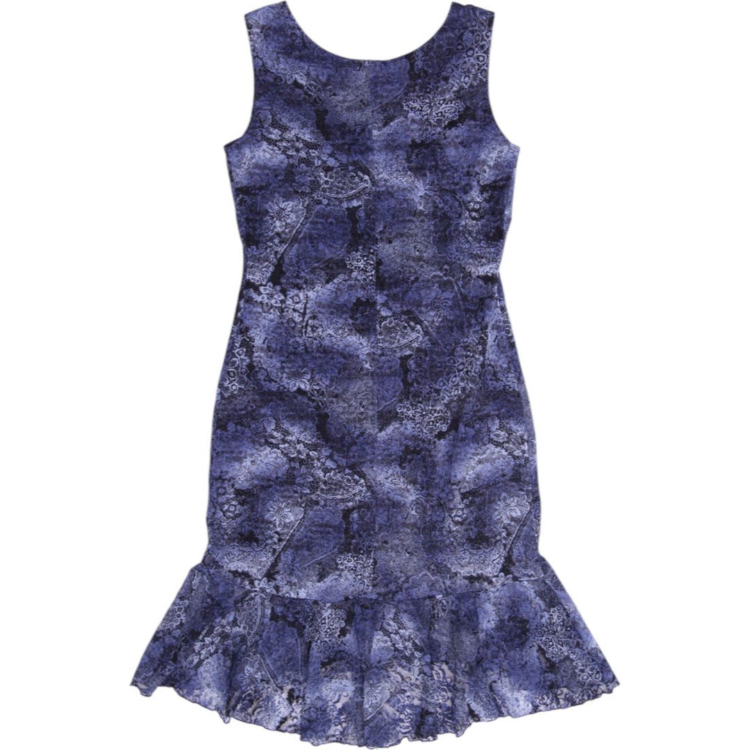 Y2K Ladies Le Chateau Abstract Blue Mesh High Low Ruffle Dress Size XL